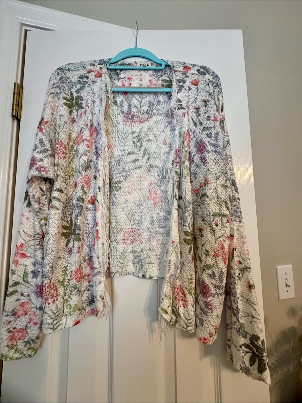 POL Floral Open-Front Knit Cardigan in Cream with Pink & Green
